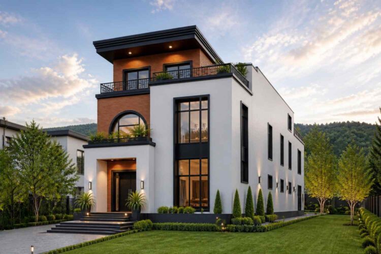 Right Side Elevation of Contemporary House Plan with Dual Master Suites