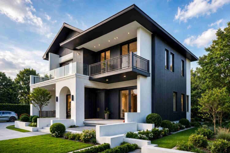 Right elevation of the 5 bedroom 2 story Contemporary house plan with pool