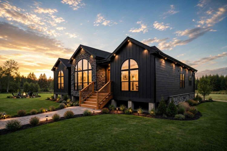 Right Side Elevation of Stone Arch Black Farmhouse House Plan with Vaulted Great Room