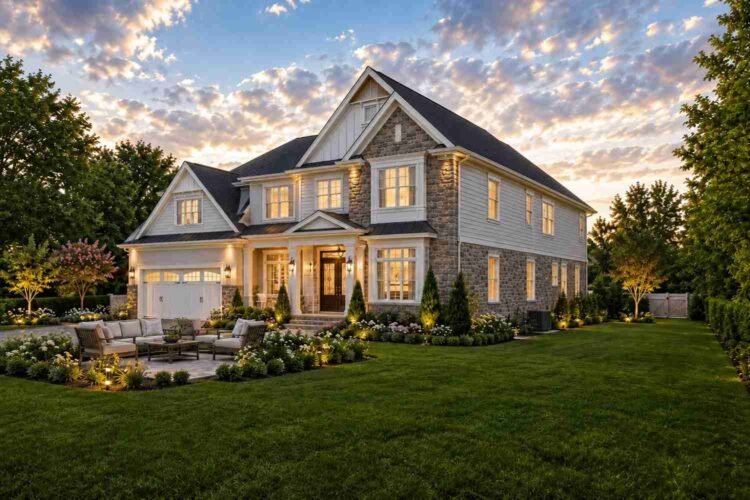 Right Side Elevation of House Plan with Primary Suite on the Main Floor — 5 Bedroom Transitional Craftsman