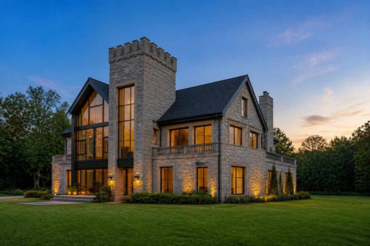 Right Side Elevation of Castellated Contemporary House Plan with Crenellated Tower