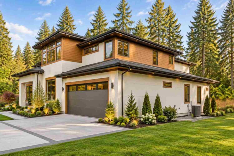Right Side Elevation of Modern Prairie House Plan with Upstairs Family Lounge