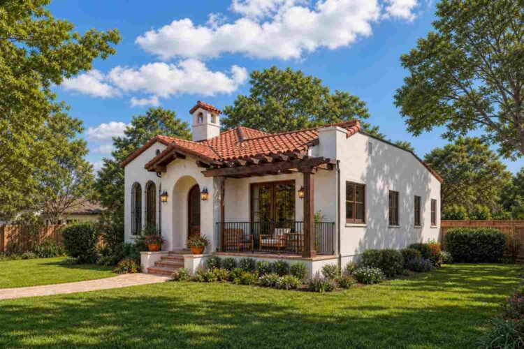 Right Side Elevation of 3 Bedroom Single Story Spanish Mission Bungalow House Plan with Bell Tower Foyer