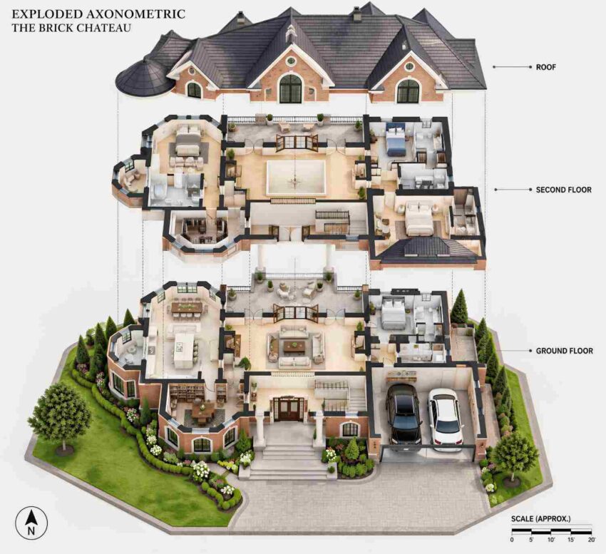 Exploded Axonometric View of 4 Bedroom 2 Story French Chateau House Plan with Double-Height Great Room