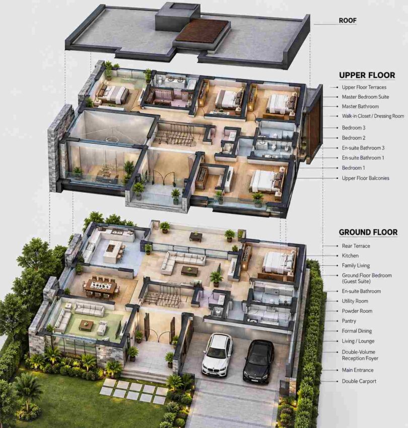 3D view showing the stacked foyer, void spaces and bedroom floors of this 5 bed villa