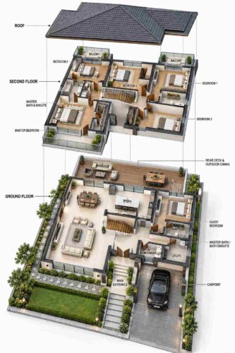 Exploded axonometric view Exploded Axonometric View of the Asian Contemporary Villa Plan with Three Balconies
