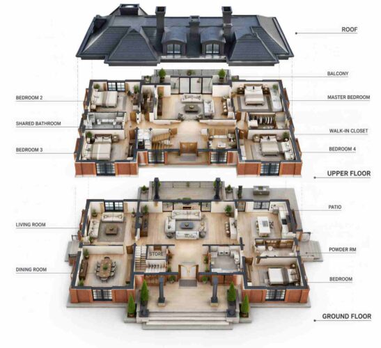 Exploded Axonometric View of House Plan with Master Suite Sitting Room — 5 Bedroom Neoclassical Brick Manor