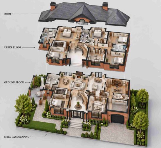 Exploded Axonometric View of the Georgian Revival Estate with Ground-Floor Bedroom Suite