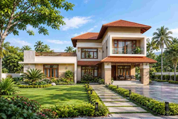 Front Elevation of the 3 Bed 2 Story Tropical Contemporary Plan with Roof Terrace