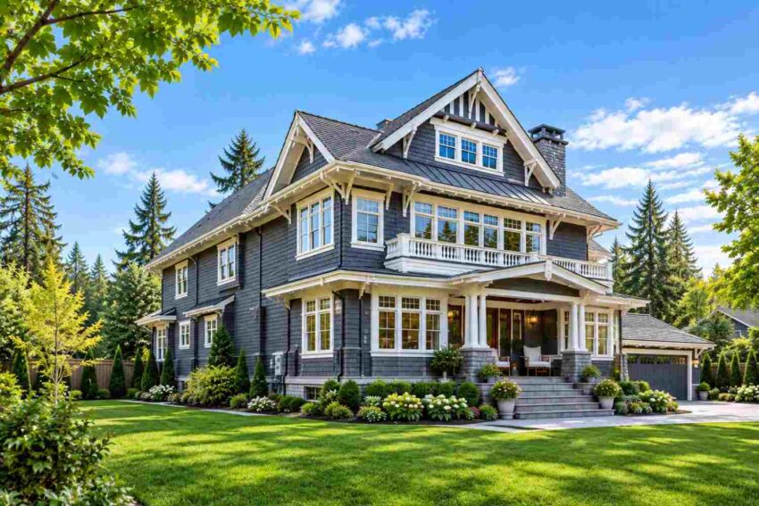 Left Side Elevation of the Shingle Craftsman Plan with Outdoor Kitchen