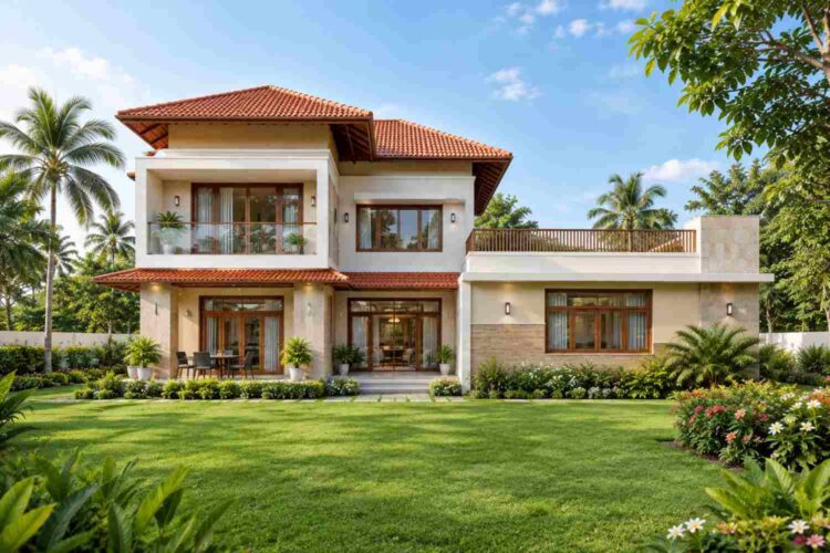 Rear Elevation of the 2 Story Tropical Contemporary Plan with Roof Terrace