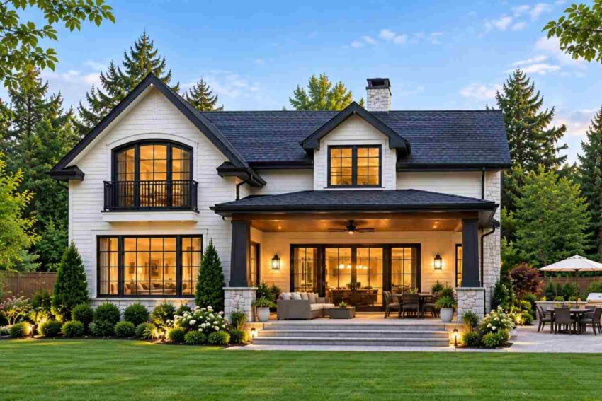 Rear Elevation (Back View) with Covered Patio and Outdoor Fireplace
