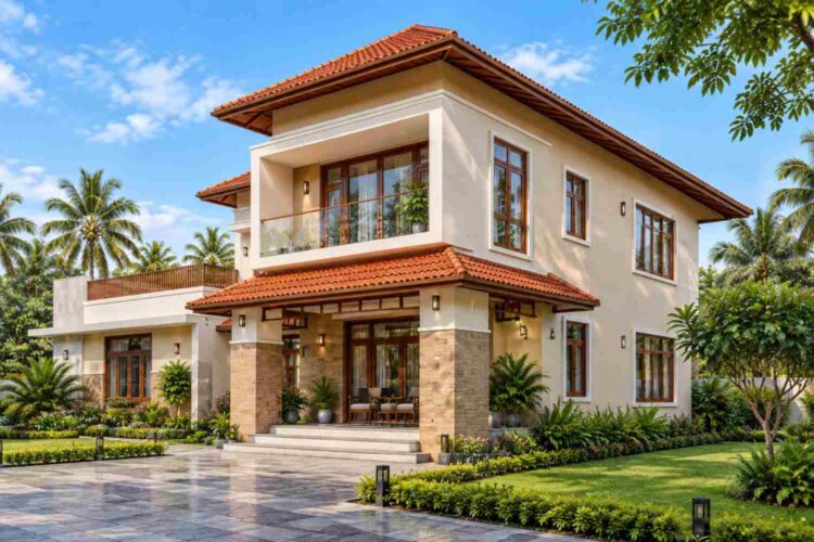 Right Side Elevation of the 3 Bed Tropical Contemporary Plan with Terracotta Roofs