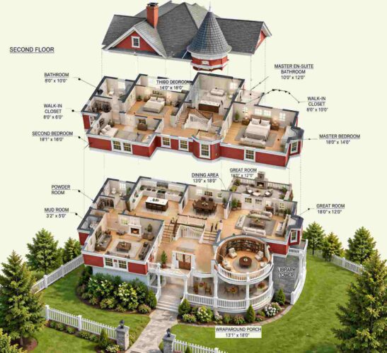 Exploded Axonometric View of the Victorian Farmhouse Plan with Wraparound Porch and Library Tower
