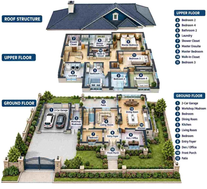 Exploded Axonometric View of the 4 Bedroom 2 Story Navy-Accent Traditional Plan with Workshop Mudroom