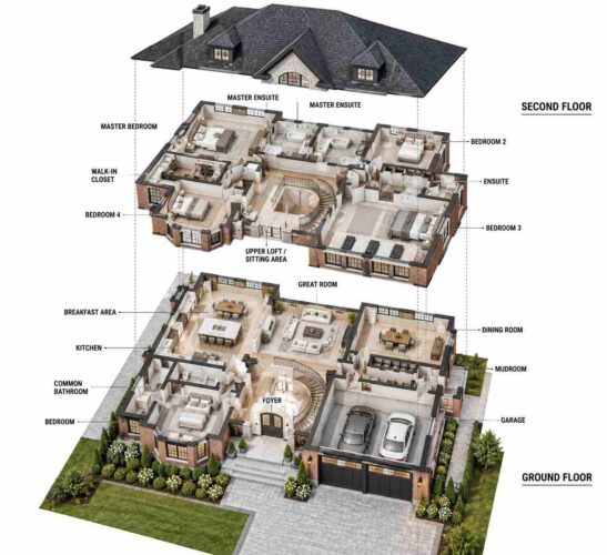 Exploded Axonometric View of the 5 Bedroom Brick-and-Limestone Traditional House Plan