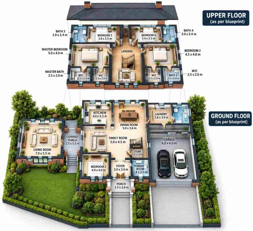 3D View of the 6 Bedroom Transitional Brick Estate Plan with Ground-Floor Suite
