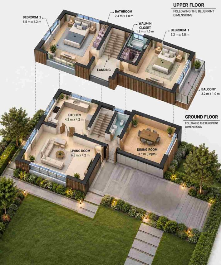Exploded Axonometric View of the Two Bedroom Cantilever Contemporary Couple's Plan