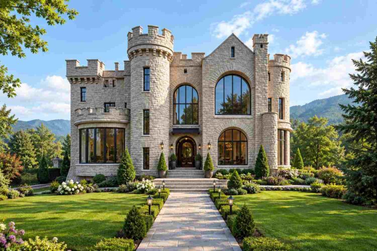 Front Elevation of 8 Bedroom 2 Story Modern Castle House Plan with Arched Window Wall