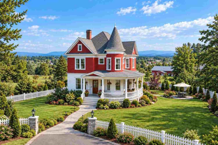 Front Elevation of the 3 Bedroom 2 Story Victorian Farmhouse Plan with Curved Porch