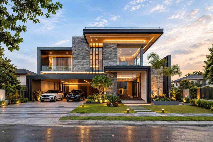 Front Elevation of a stone-clad two story modern home with cantilevered canopy and double carport