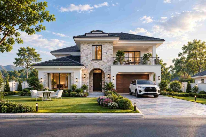 Front elevation of a 5 bedroom 2 story transitional villa with stone entry tower and arched garage
