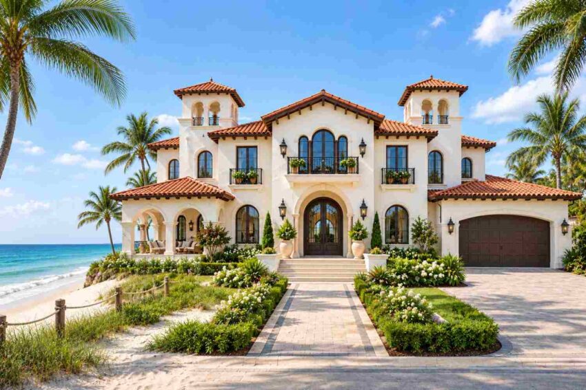 Front Elevation of the Spanish Revival Estate with Twin Bell Towers and Arched Entry