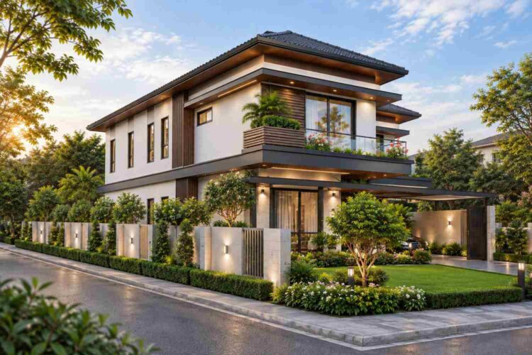 Left side elevation Left Side Elevation Showing the Tiled Hip Roof and Balcony Overhang