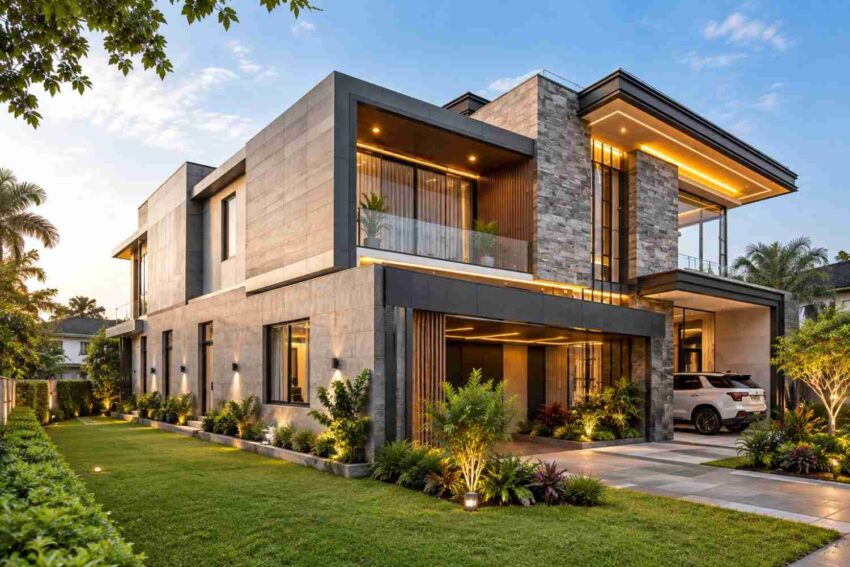 Left Side Elevation showing the black metal carport wall and upper balcony of the modern stone house