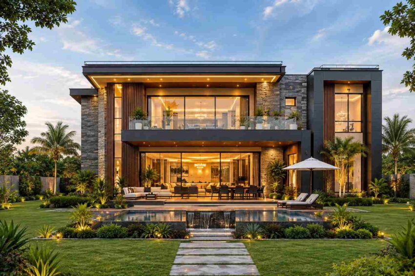 Rear Elevation (Back View) with the pool court, patio and rear master balcony