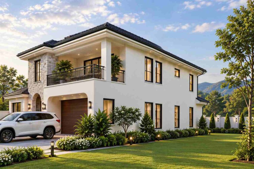 Right side elevation showing the garage wing and upper rear balcony of the villa