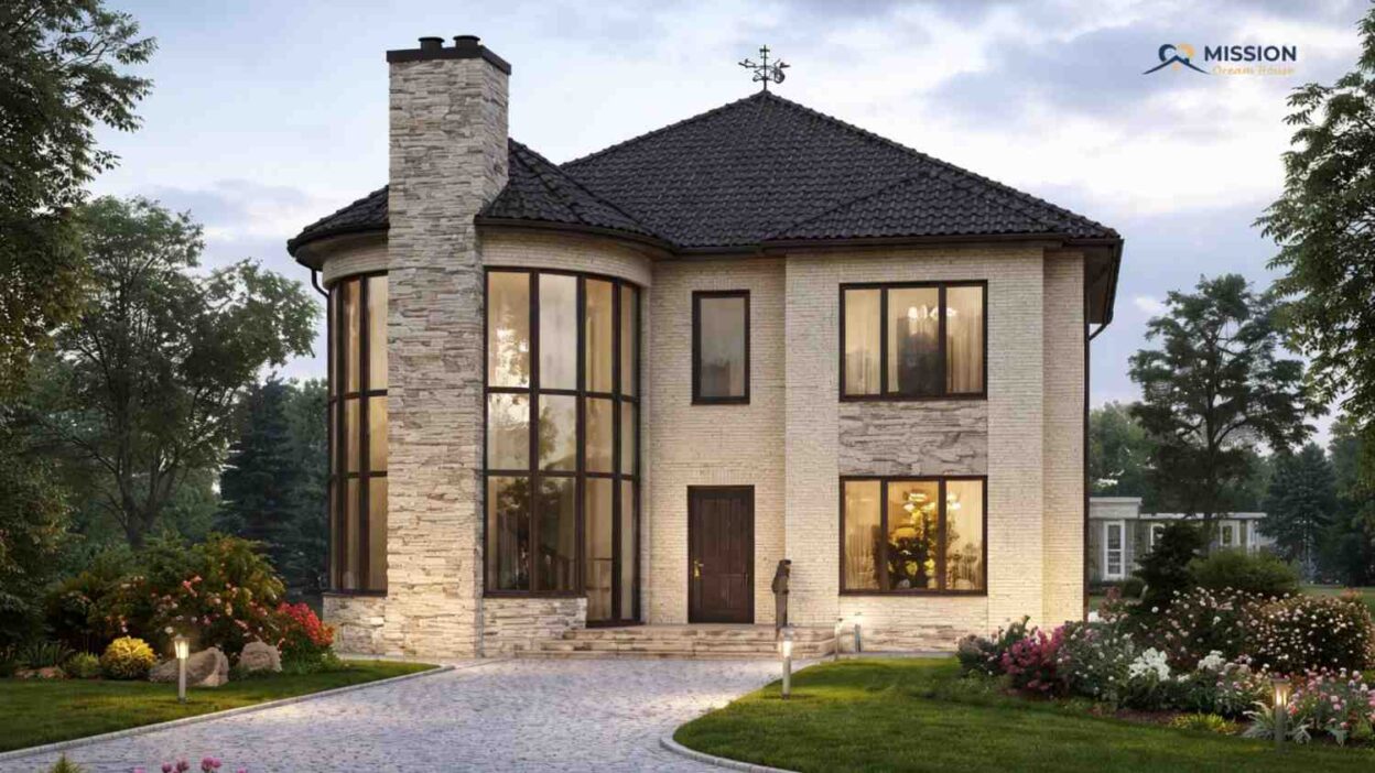 3-Bedroom 2-Story European Style House with Curved Glass Living Room and Elegant Hip Roof (Floor Plan)