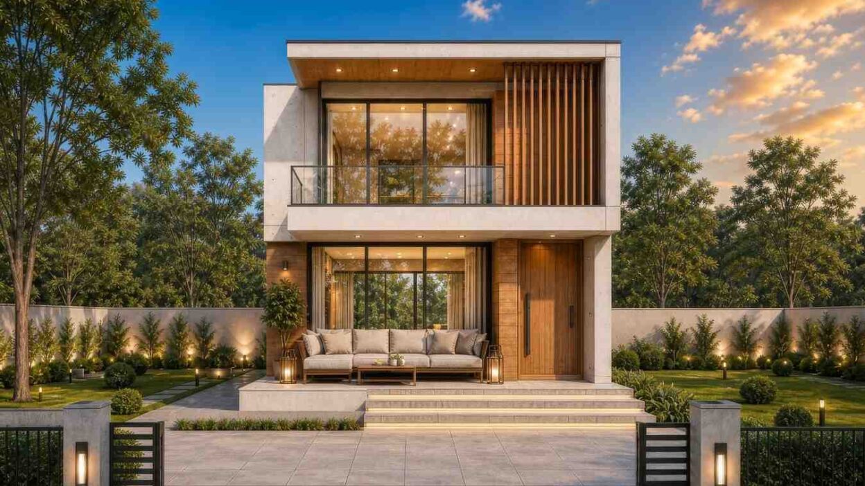 2 Bed 2 Story Contemporary Modern House Plan:Two-Story Void + Full-Width Balcony