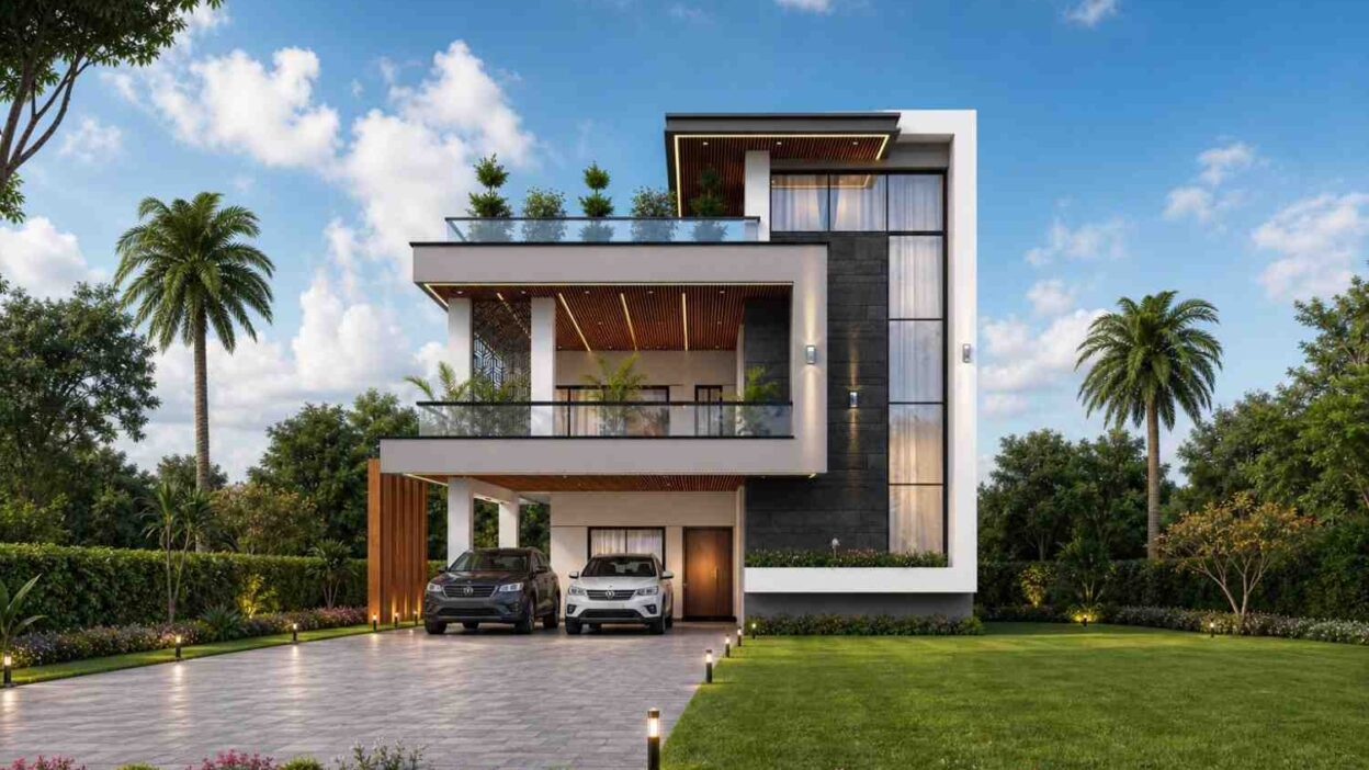 3 Story Modern House Plan with Massive Rooftop Terrace