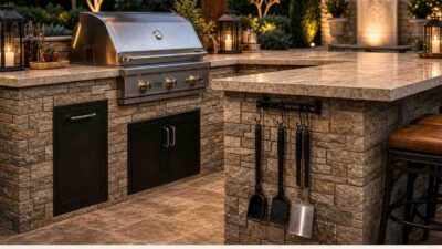 Stone veneer for outdoor kitchens