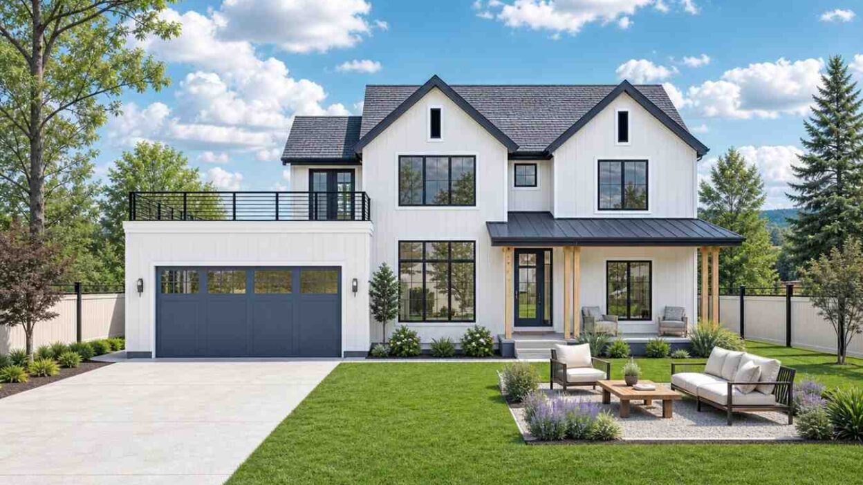 Front Elevation of the 4 Bedroom 2 Story Modern Farmhouse Plan with Roof Terrace