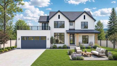 Front Elevation of the 4 Bedroom 2 Story Modern Farmhouse Plan with Roof Terrace