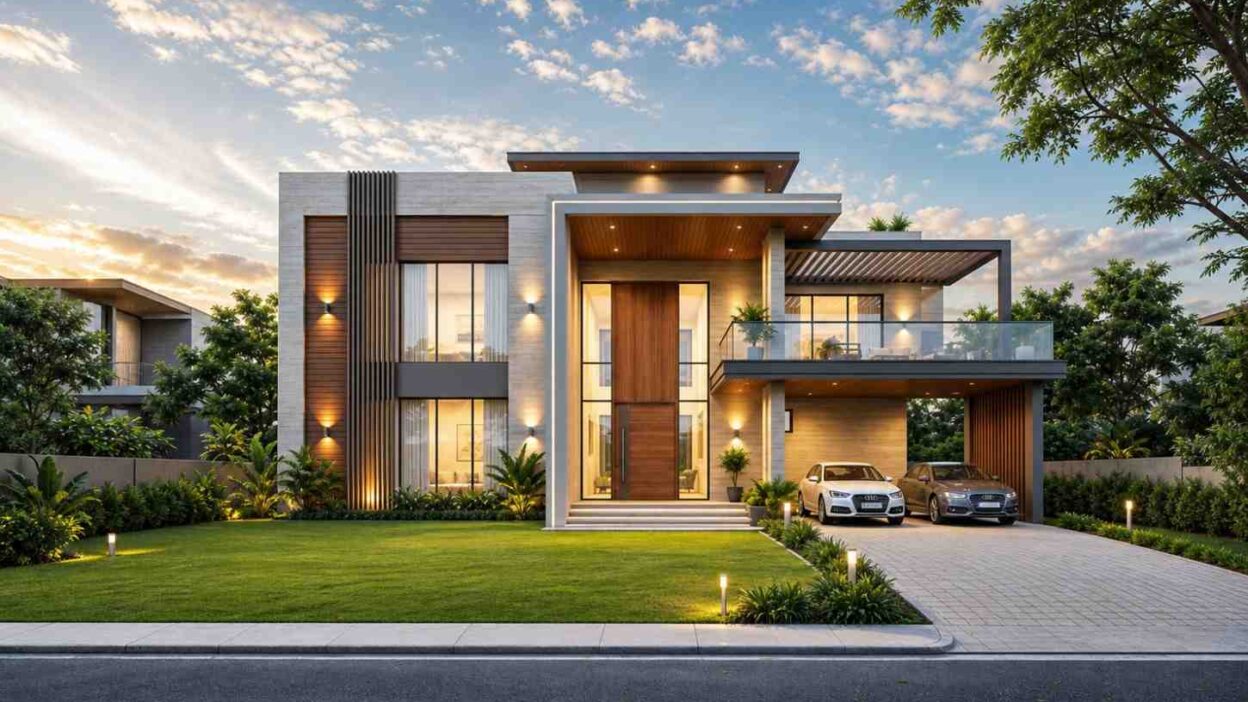 5 Bedroom 2 Story Contemporary House Plan with Double Height Living Room