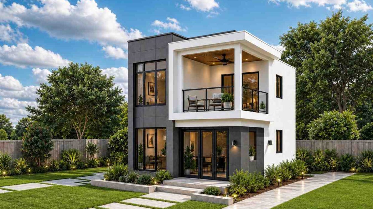 2 Bedroom 2 Story Modern Compact House Plan with Large Balcony