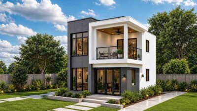 2 Bedroom 2 Story Modern Compact House Plan with Large Balcony