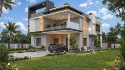2 Story 4 Bedroom Contemporary House Plan with Double Height Void