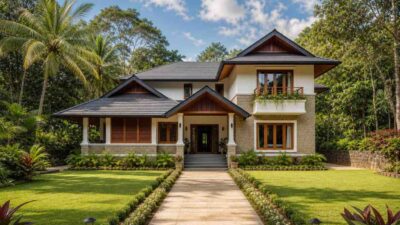 4 Bedroom 2 Story Tropical Contemporary House Plan with Covered Terrace