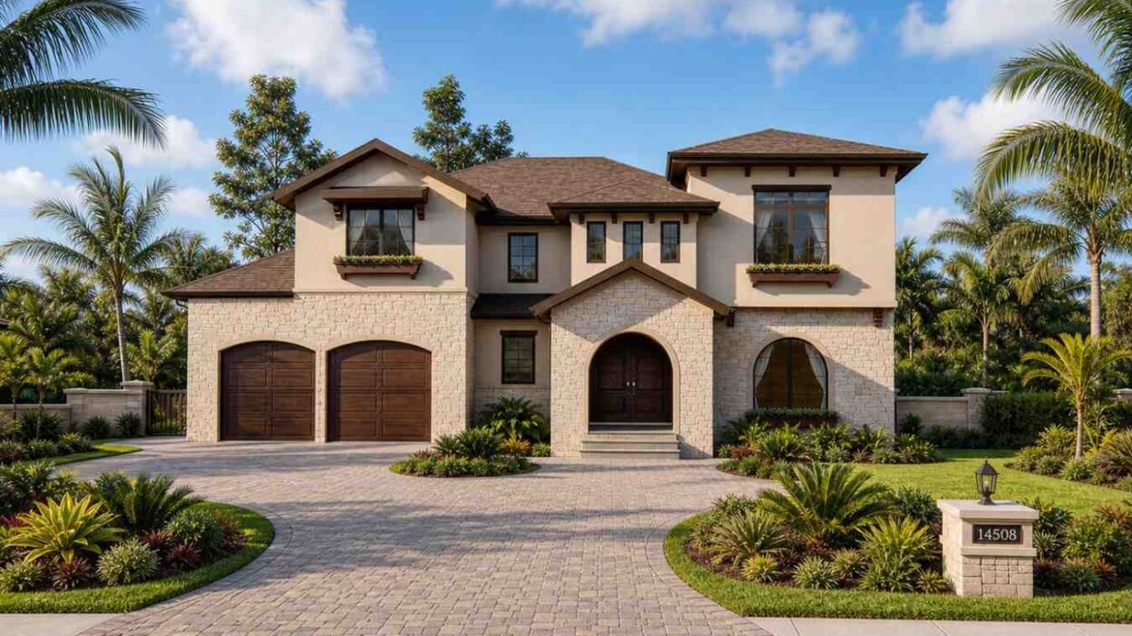 4 Bedroom 2 Story Florida Mediterranean House Plan with Storm Shelter