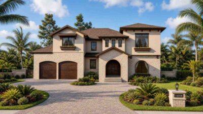 4 Bedroom 2 Story Florida Mediterranean House Plan with Storm Shelter