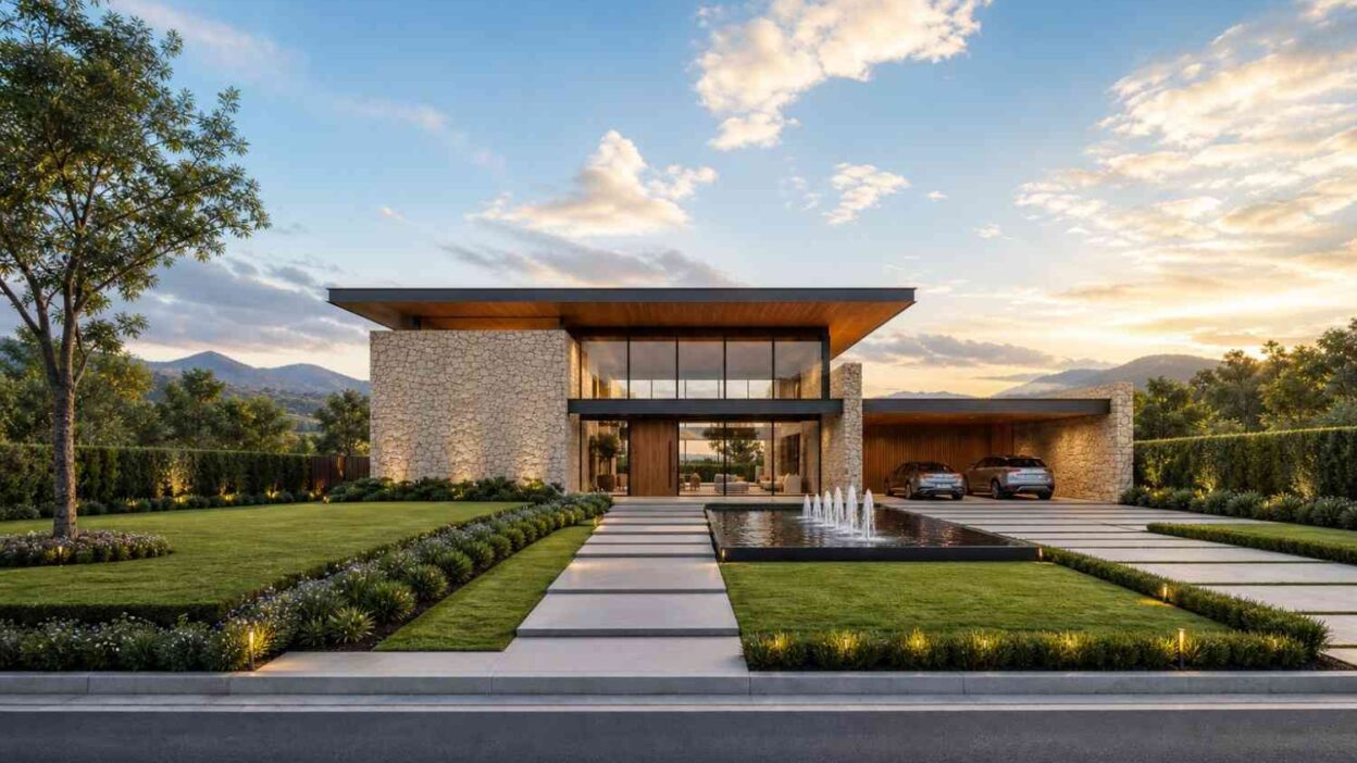 2 Story Modern Contemporary House Plan with Home Office and Courtyard
