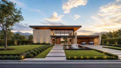 2 Story Modern Contemporary House Plan with Home Office and Courtyard