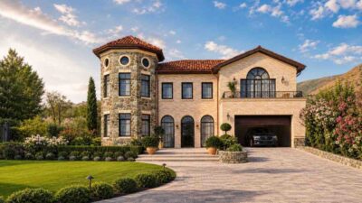 House Plan with Stone Turret - 4 Bedroom Mediterranean Villa
