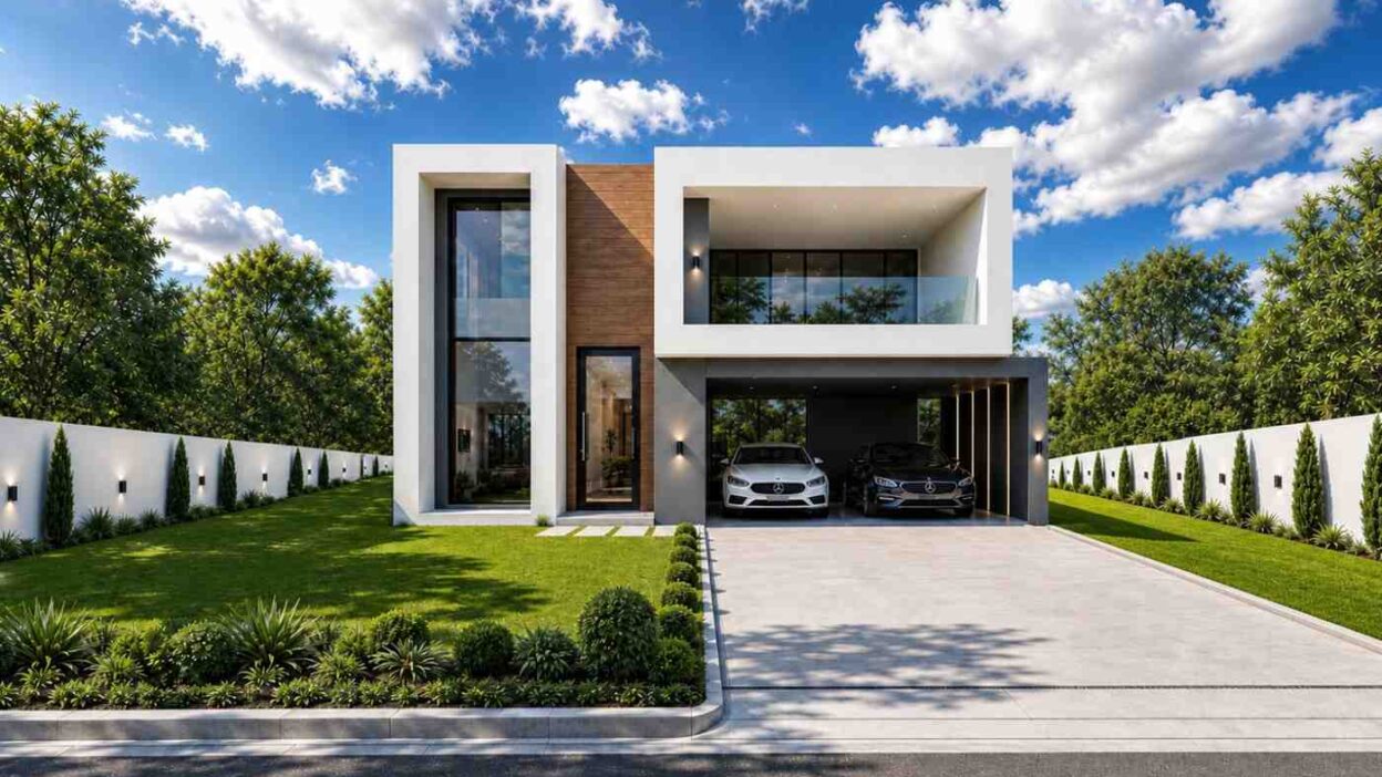 4 Bedroom 2 Story Modern House Plan with Inner Courtyard Pool