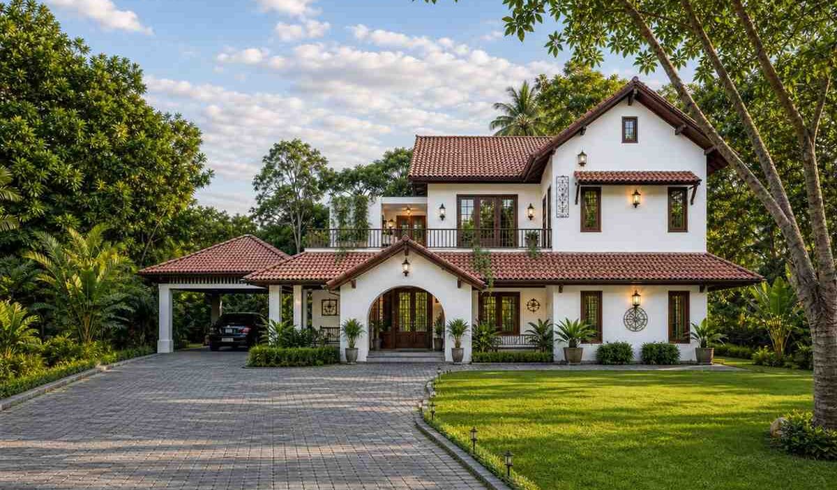 Spanish Colonial House Plan with Open Terrace and Dual Master Suites