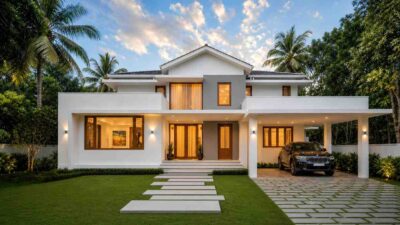 Front Elevation of  Tropical Modern House Plan with Two Master Suites